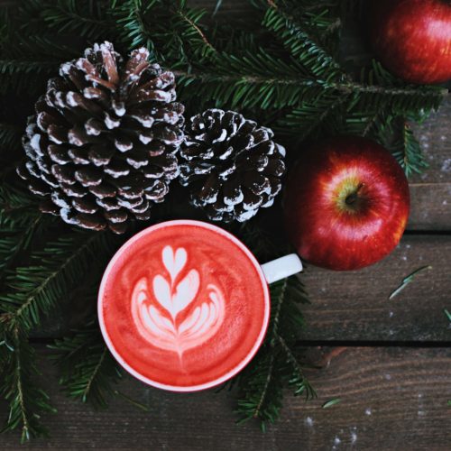 pine cones, apples, and pretty cup of coffee